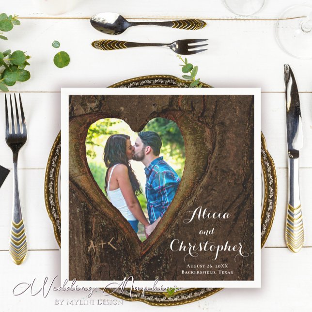 Serviette En Papier Mariage photo cœur en bois rustique (Créateur téléchargé)