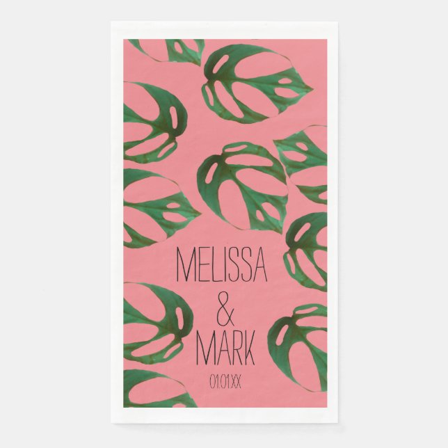 Serviette En Papier Mariage plage Monstera Nom des couples (Devant)