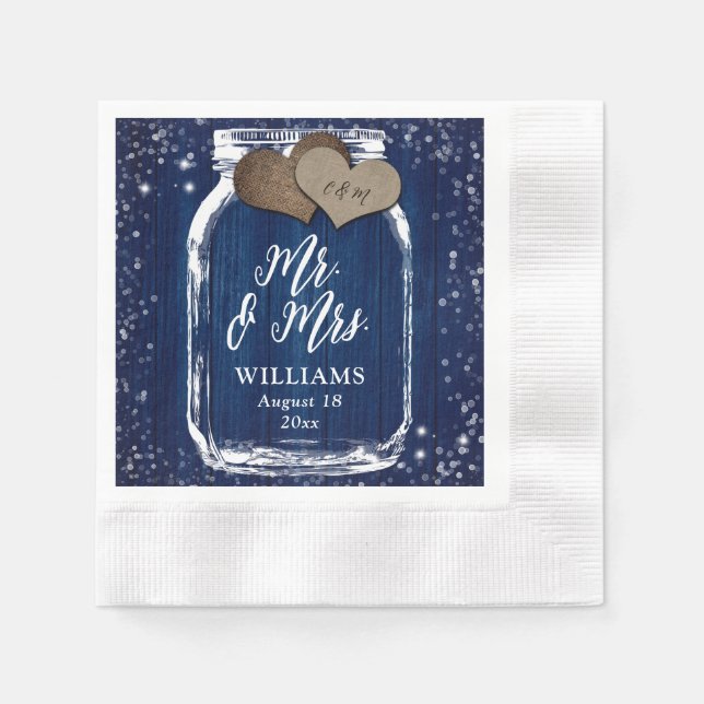 Serviette En Papier Mariage Pot Mason en Bois Bleu Marine Mr. & Mrs. (Devant)