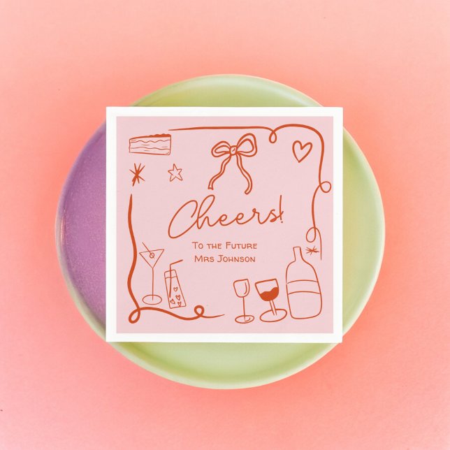 Serviette En Papier Mariage rétro rose rouge douche illustrée dessinée (Retro pink red hand drawn illustrated bridal shower napkins)