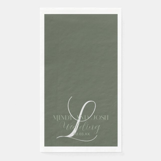 Serviette En Papier Mariage Romantique Écriture Vert Sauge Initiale  (Devant)