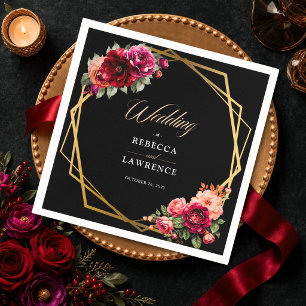 Serviette En Papier Mariage romantique élégant floral rouge noir d'amb