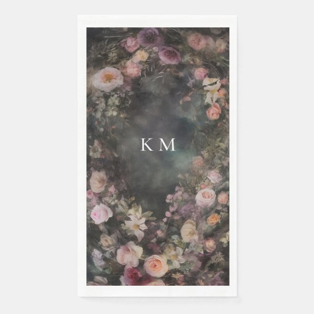 Serviette En Papier Mariage Romantique Floral Monogramme Sombre et Mys (Devant)