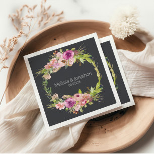 Serviette En Papier Mariage Romantique Floral Rose Poussiéreux Violet