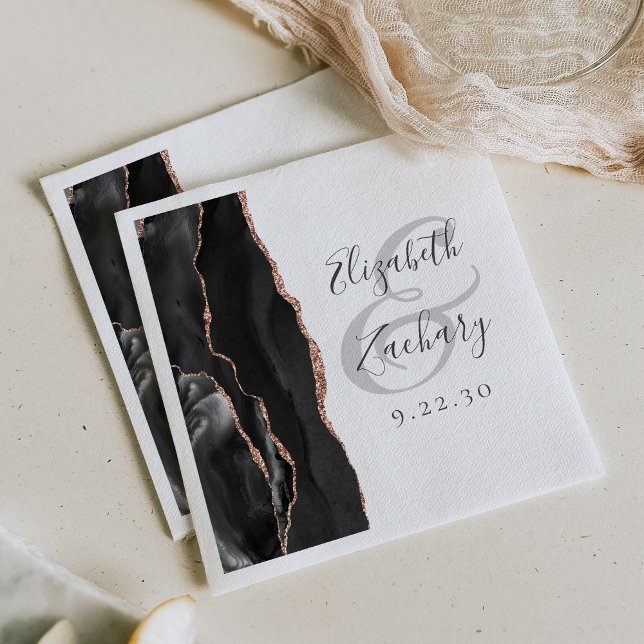 Serviette En Papier Mariage Rose d'Or Noir Script Géode d'Agate  (Créateur téléchargé)