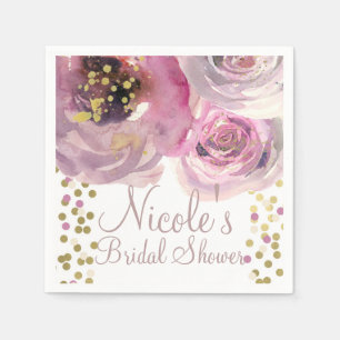 Serviette En Papier Mariage Rose et Or Moderne Fleurs Aquarelle