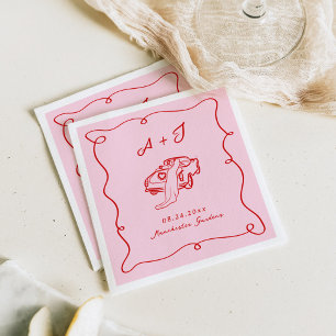 Serviette En Papier Mariage Rose et Rouge Dessiné à la Main de Manière
