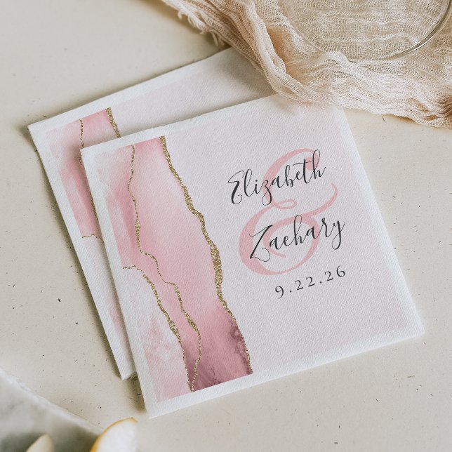 Serviette En Papier Mariage Rose Pâle Or Script Agate Géode (Créateur téléchargé)