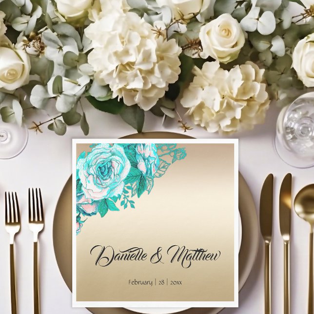 Serviette En Papier Mariage Rose Turquoise et or (Créateur téléchargé)