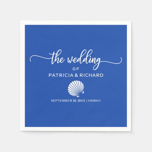 Serviette En Papier Mariage Royal Blue and White Seashell Beach (Devant)