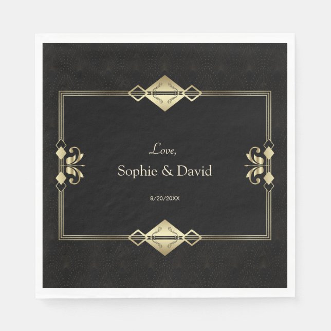 Serviette En Papier Mariage Royal Luxe Or Noir Art Déco 1920  (Devant)