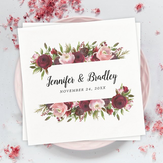 Serviette En Papier Mariage Rustique Blush Bourgogne Fleurs (Créateur téléchargé)