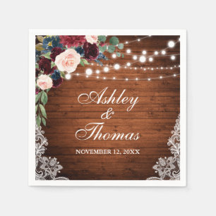 Serviette En Papier Mariage rustique Bourgogne Blue Floral dentelle