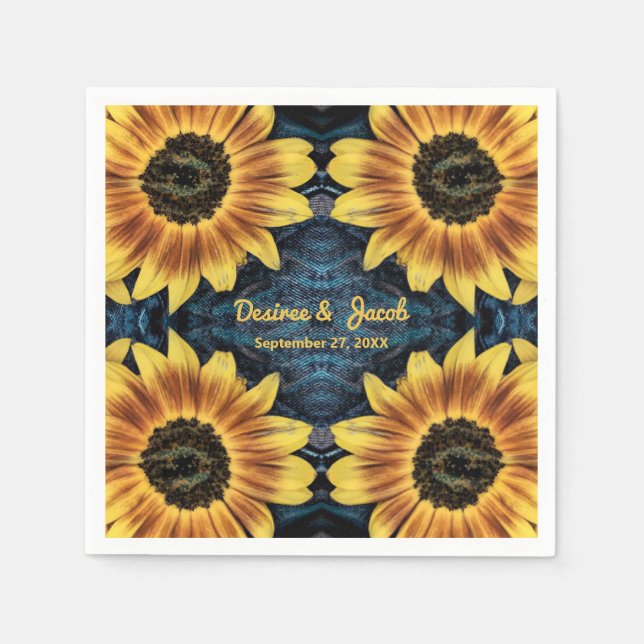 Serviette En Papier Mariage rustique Tournesol Jaune Denim Jeans Bleu (Devant)