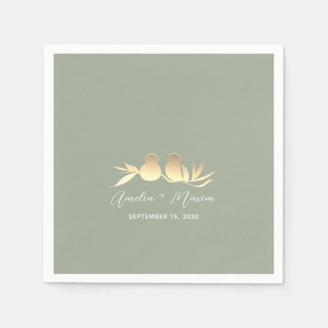 Serviette En Papier Mariage Sage Green Gold Lovebirds (Devant)