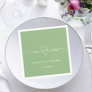 Serviette En Papier Mariage sage vert m. mrs coeur script simple