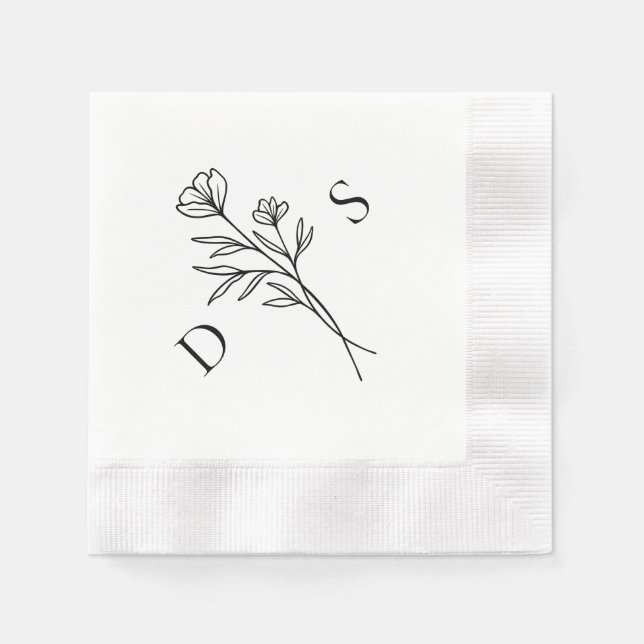 Serviette En Papier Mariage simple de monogramme floral noir et blanc (Devant)