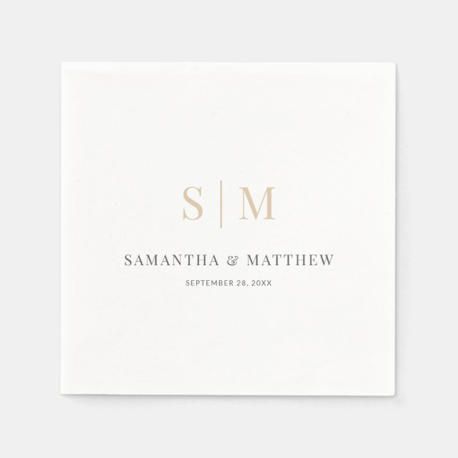 Serviette En Papier Mariage simple Elegant blanc gris or (Devant)