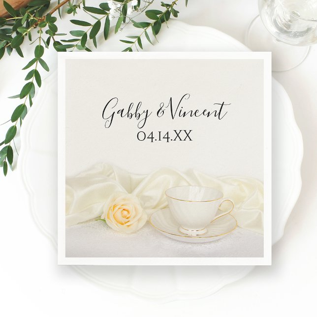 Serviette En Papier Mariage Tasse à Thé et Rose Blanche (Créateur téléchargé)
