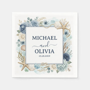 Serviette En Papier Mariage thème océan floral bleu coquillage nautiqu