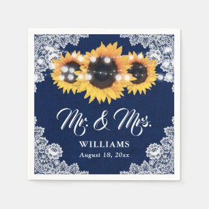 Serviette En Papier Mariage Tournesol en Dentelle Fleurie Burlap Bleu