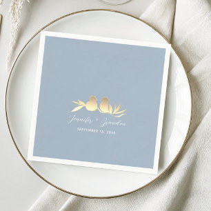 Serviette En Papier Mariage Tourtereaux Bleu Poussiéreux Or