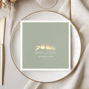 Serviette En Papier Mariage Tourterelles Or Vert Sage
