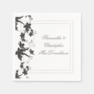 Serviette En Papier Mariage traditionnel à fleurs noir et blanc