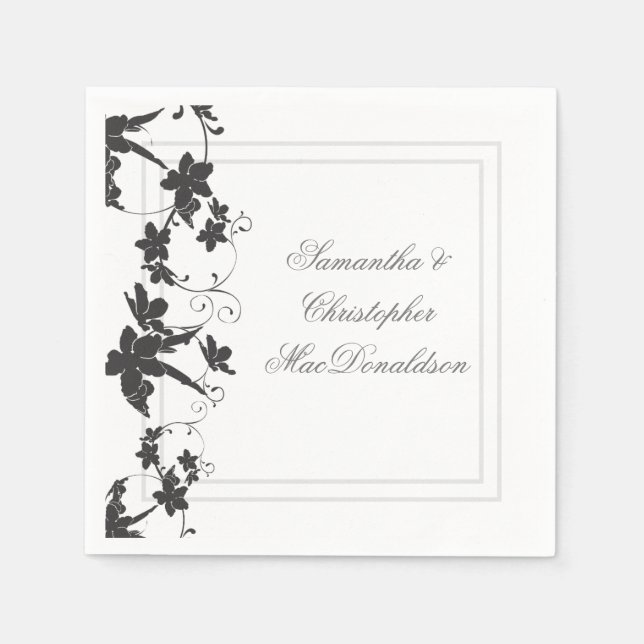 Serviette En Papier Mariage traditionnel à fleurs noir et blanc (Devant)