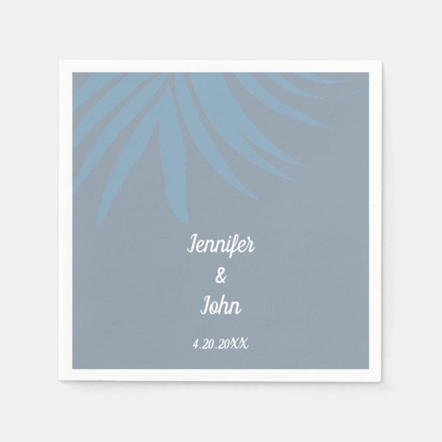 Serviette En Papier Mariage Tropical Dusty Blue Palm Leaf Beach (Devant)