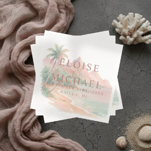 Serviette En Papier Mariage Tropical Île Coucher de Soleil Aquarelle
