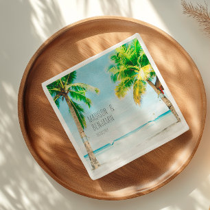 Serviette En Papier Mariage Tropical Rétro Palmiers Plage Océan Bleu