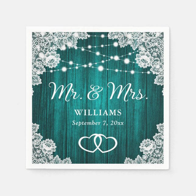 Serviette En Papier Mariage turquoise de dentelle en bois rustique (Devant)