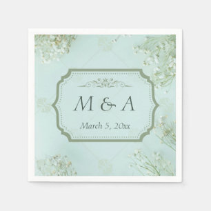 Serviette En Papier Mariage Turquoise Fleurs blanches Pastel