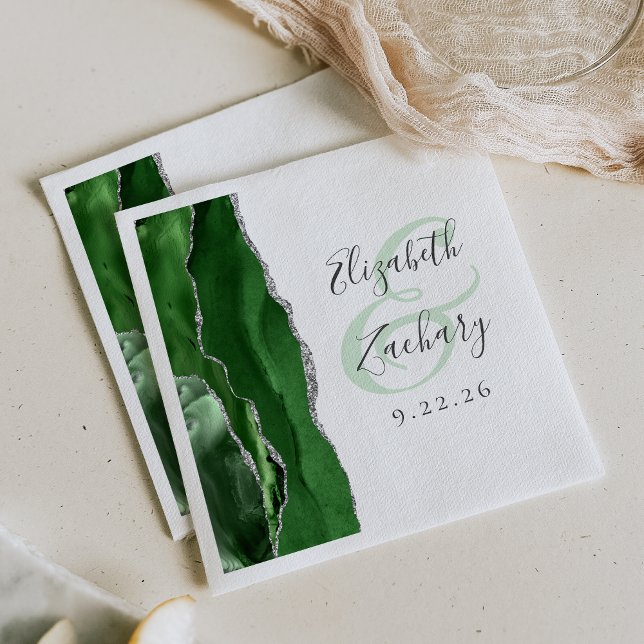Serviette En Papier Mariage Vert Chasseur Agate Geode Script Argent (Créateur téléchargé)