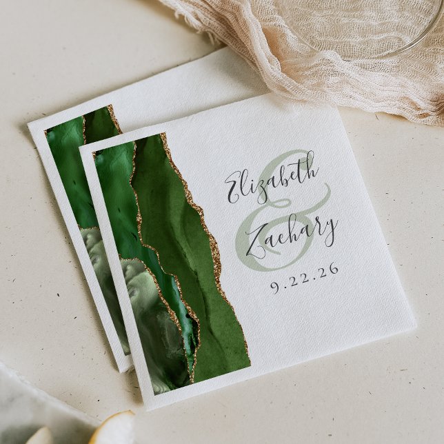 Serviette En Papier Mariage Vert Chasseur Or Script Agate Géode (Créateur téléchargé)