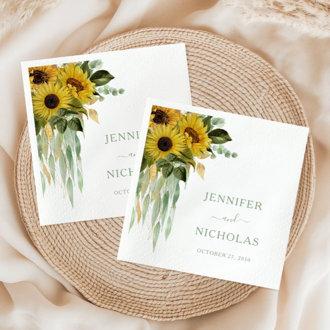Serviette En Papier Mariage vert floral de tournesol Eucalyptus Sage (Floral Sunflower Eucalyptus Sage Green Wedding Napkins)