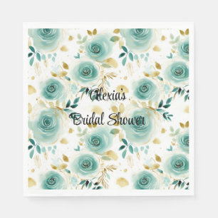 Serviette En Papier Mariage Vert Menthe Blanc Or Rose Floral