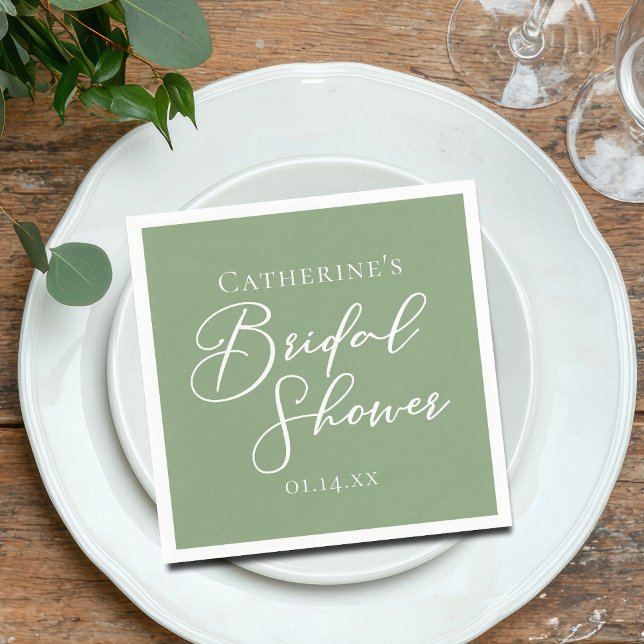 Serviette En Papier Mariage Vert Sauge Personnalisé Écriture Blanche (Créateur téléchargé)