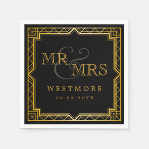Serviette En Papier Mariage Vintage Élégant Art Déco Noir Or