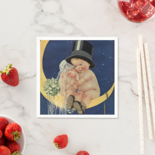 Serviette En Papier Mariage Vintage, Joli Marié et Mariée sur une Lune