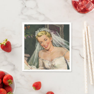 Serviette En Papier Mariage Vintage, Mariée Rétro avec Fille aux Fleur