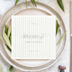 Serviette En Papier Mariage Vintage Vert Rayures Luxe Script Éternel