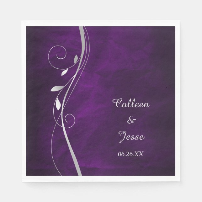 Serviette En Papier Mariage violet à feuille d'argent (Devant)