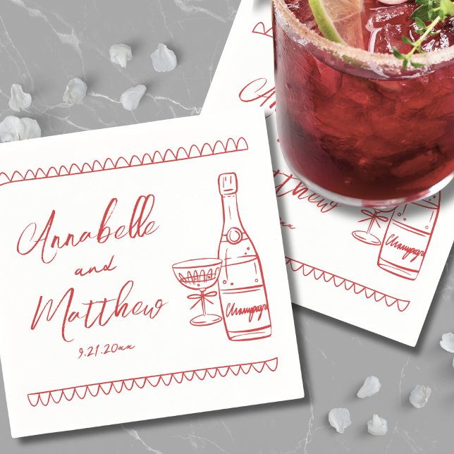Serviette En Papier Mariage Whimsical Rouge tiré à la main (Hand Drawn Red Whimsical Wedding Napkins)