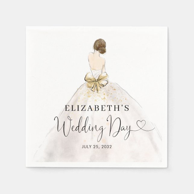 Serviette En Papier Mariée Brunette Robe Florale Mariage Jour de maria (Devant)