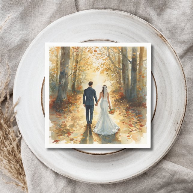Serviette En Papier Mariée et marié à l'aquarelle d'automne Peinture d (Créateur téléchargé)