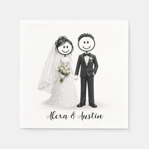 Serviette En Papier Mariés Figurines Bâton Mariée et Mari sur des Cœur