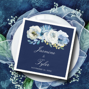 Serviette En Papier Marine Bleu Blanc Floral Élégant Mariage moderne