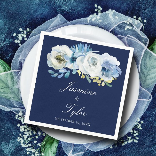 Serviette En Papier Marine Bleu Blanc Floral Élégant Mariage moderne (Créateur téléchargé)
